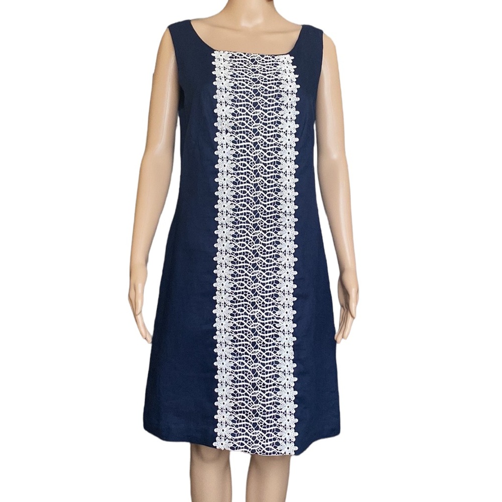 Vintage Carole Little Lace Front Navy Blue Linen Shift Dress size 10